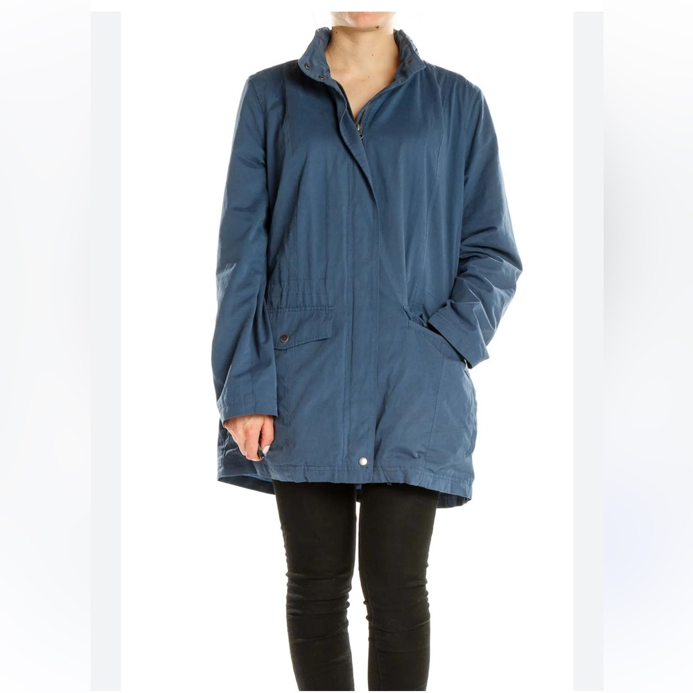 J. Jill Womens M Hooded Jacket Blue Drawstring Waist Long Sleeve Lined Midweight